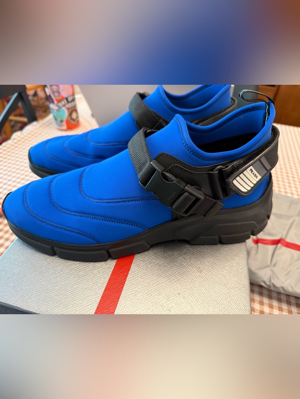 Prada Men's Blue Slip-On Sneaker with Black Strap neoprene NEW W BOX BARNEYS